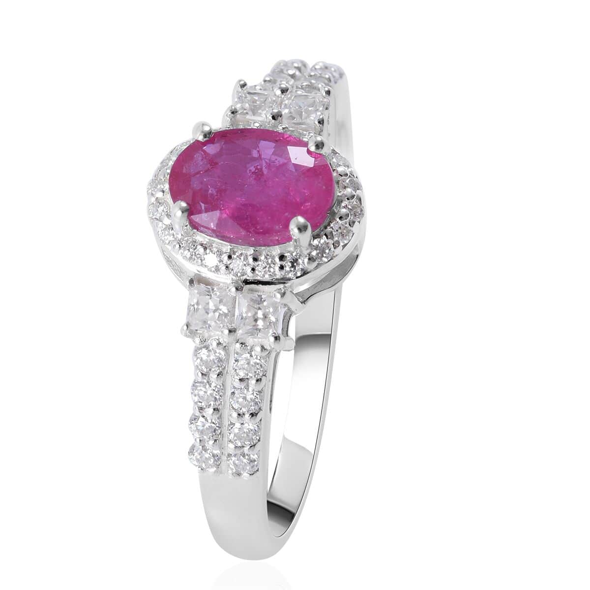 Premium Montepuez Ruby and Moissanite Halo Ring in Platinum Over Sterling Silver (Size 10.0) 1.50 ctw image number 2