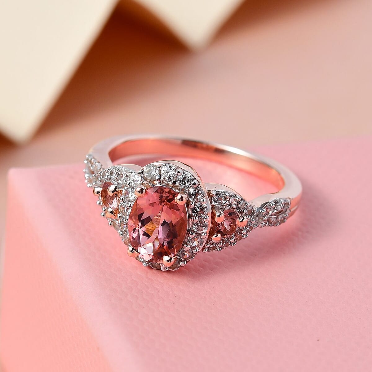 Natural Blush Tourmaline and Natural White Zircon Ring in Vermeil Rose Gold Over Sterling Silver 1.40 ctw image number 1
