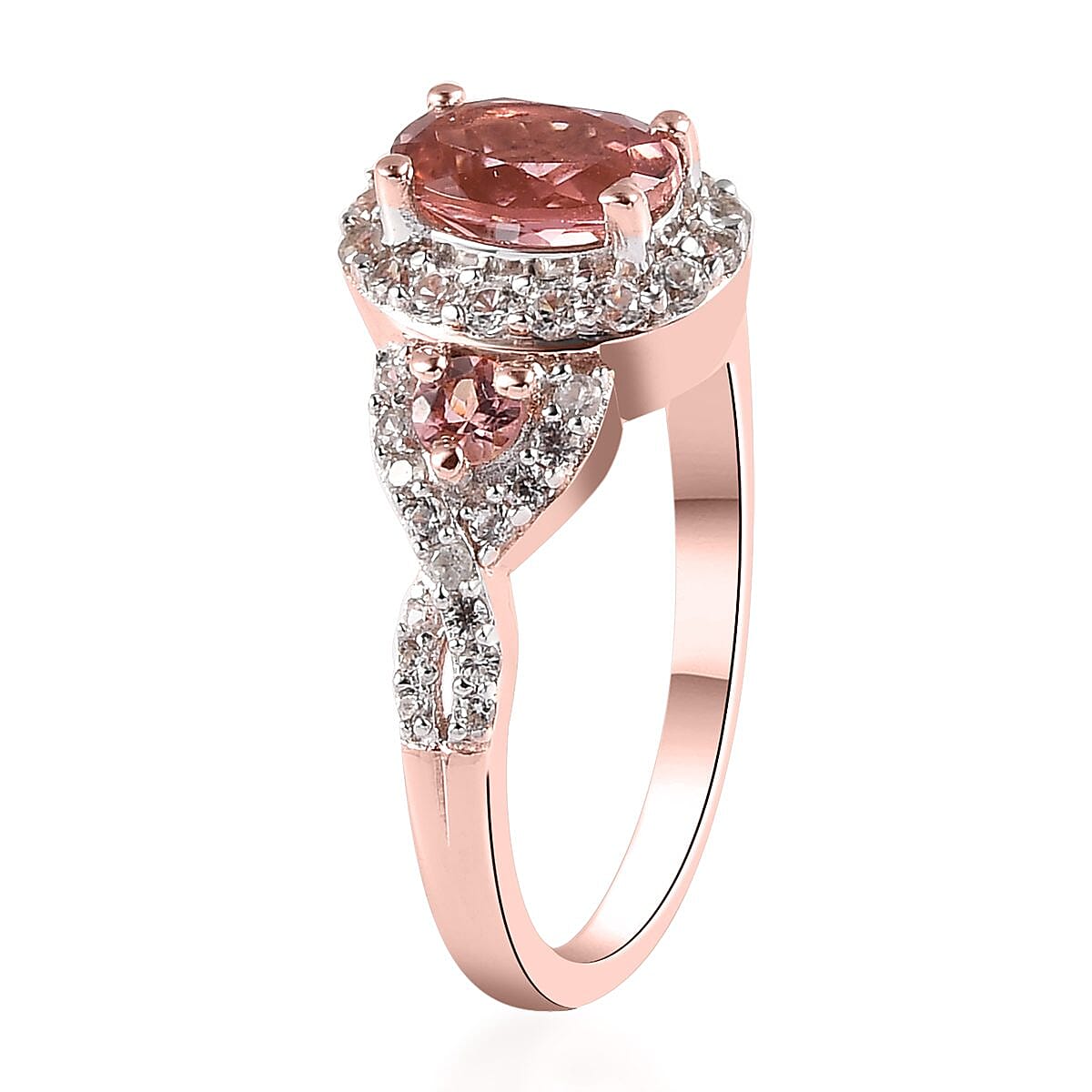 Natural Blush Tourmaline and Natural White Zircon Ring in Vermeil Rose Gold Over Sterling Silver 1.40 ctw image number 3