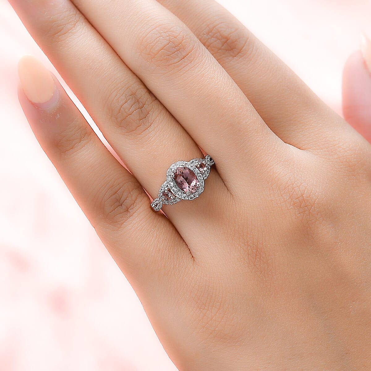 Natural Blush Tourmaline and Natural White Zircon Ring in Vermeil Rose Gold Over Sterling Silver (Size 9.0) 1.40 ctw image number 2