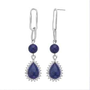 Lapis Lazuli and Austrian Crystal Paper Clip Drop Earrings in Silvertone 18.00 ctw