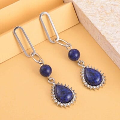 Lapis Lazuli,Austrian Crystal Drop 18.00 ctw Earrings in Silvertone