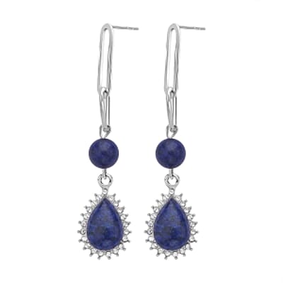 Lapis Lazuli,Austrian Crystal Drop 18.00 ctw Earrings in Silvertone
