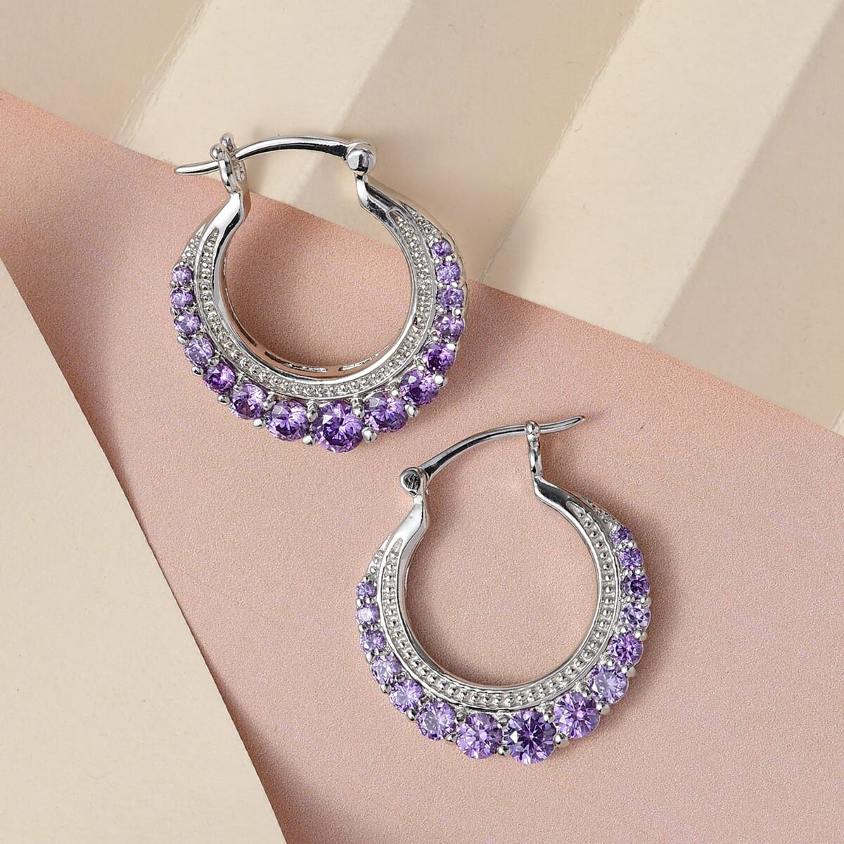 Karis Simulated Amethyst Color Diamond Hoop Earrings in Platinum Bond 4.25 ctw image number 1