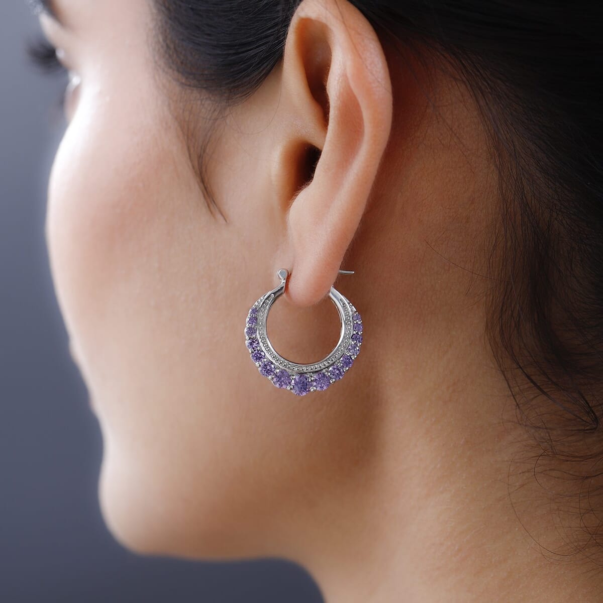 Karis Simulated Amethyst Color Diamond Hoop Earrings in Platinum Bond 4.25 ctw image number 2