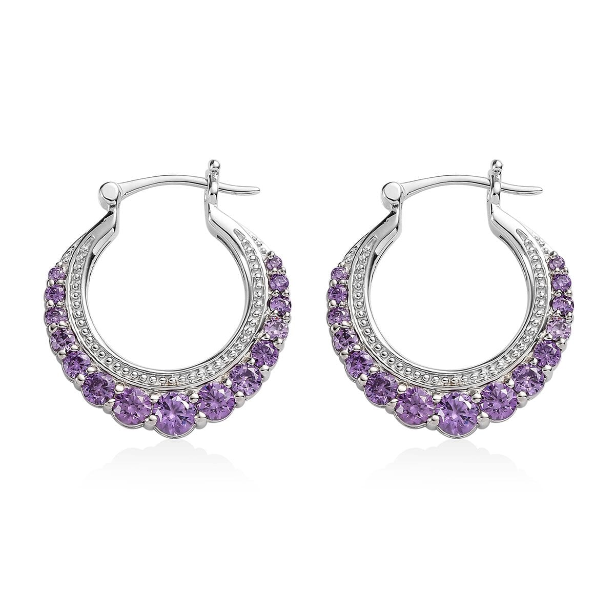 Karis Simulated Amethyst Color Diamond Hoop Earrings in Platinum Bond 4.25 ctw image number 3