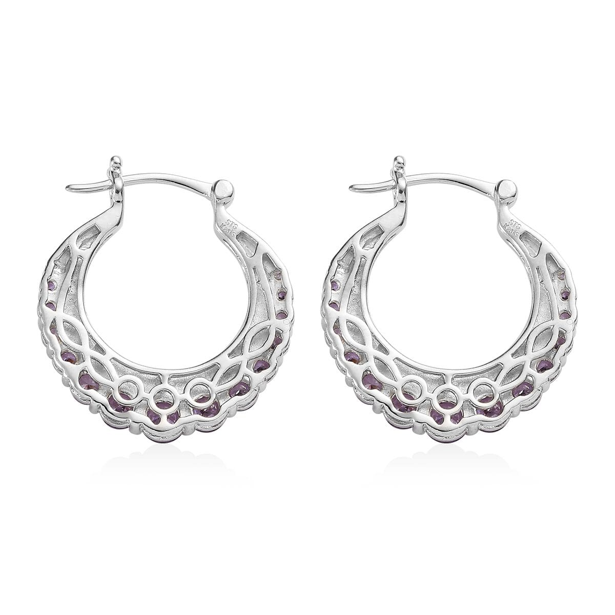 Karis Simulated Amethyst Color Diamond Hoop Earrings in Platinum Bond 4.25 ctw image number 4