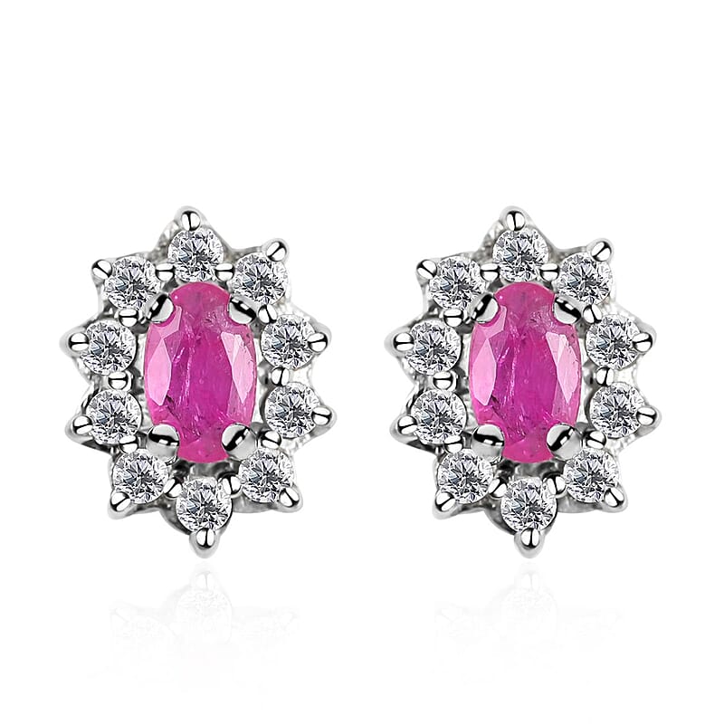 Premium Montepuez Ruby and White Zircon Floral Stud Earrings in Platinum Over Sterling Silver 1.00 ctw