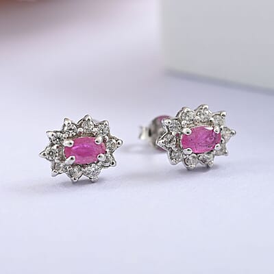 Premium Montepuez Ruby and White Zircon Floral Stud Earrings in Platinum Over Sterling Silver 1.00 ctw