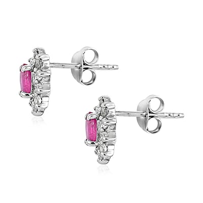 Premium Montepuez Ruby and White Zircon Floral Stud Earrings in Platinum Over Sterling Silver 1.00 ctw
