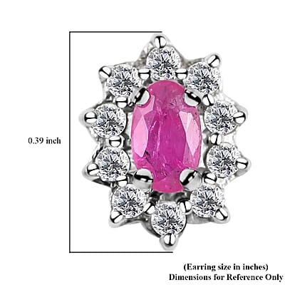 Premium Montepuez Ruby and White Zircon Floral Stud Earrings in Platinum Over Sterling Silver 1.00 ctw