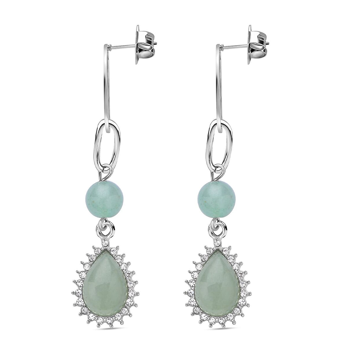 Green Aventurine and Austrian Crystal Paper Clip Drop Earrings in Silvertone 18.00 ctw image number 2