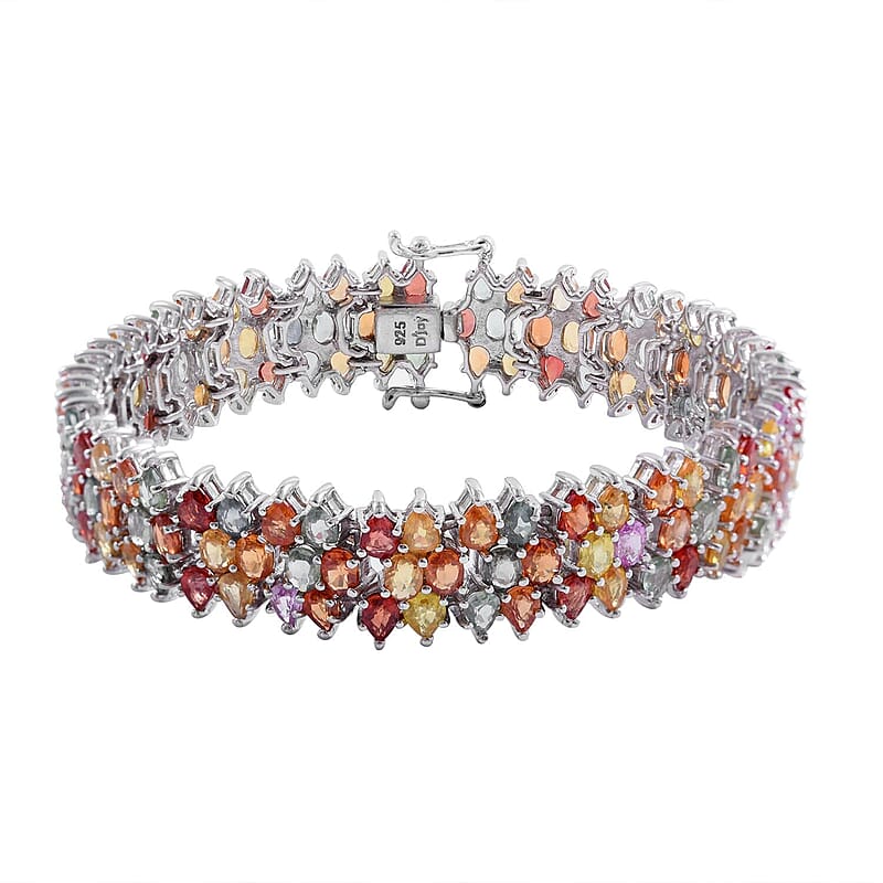 Multi Sapphire Three-Row Bracelet in Platinum Over Sterling Silver (6.50 In) 27.65 ctw