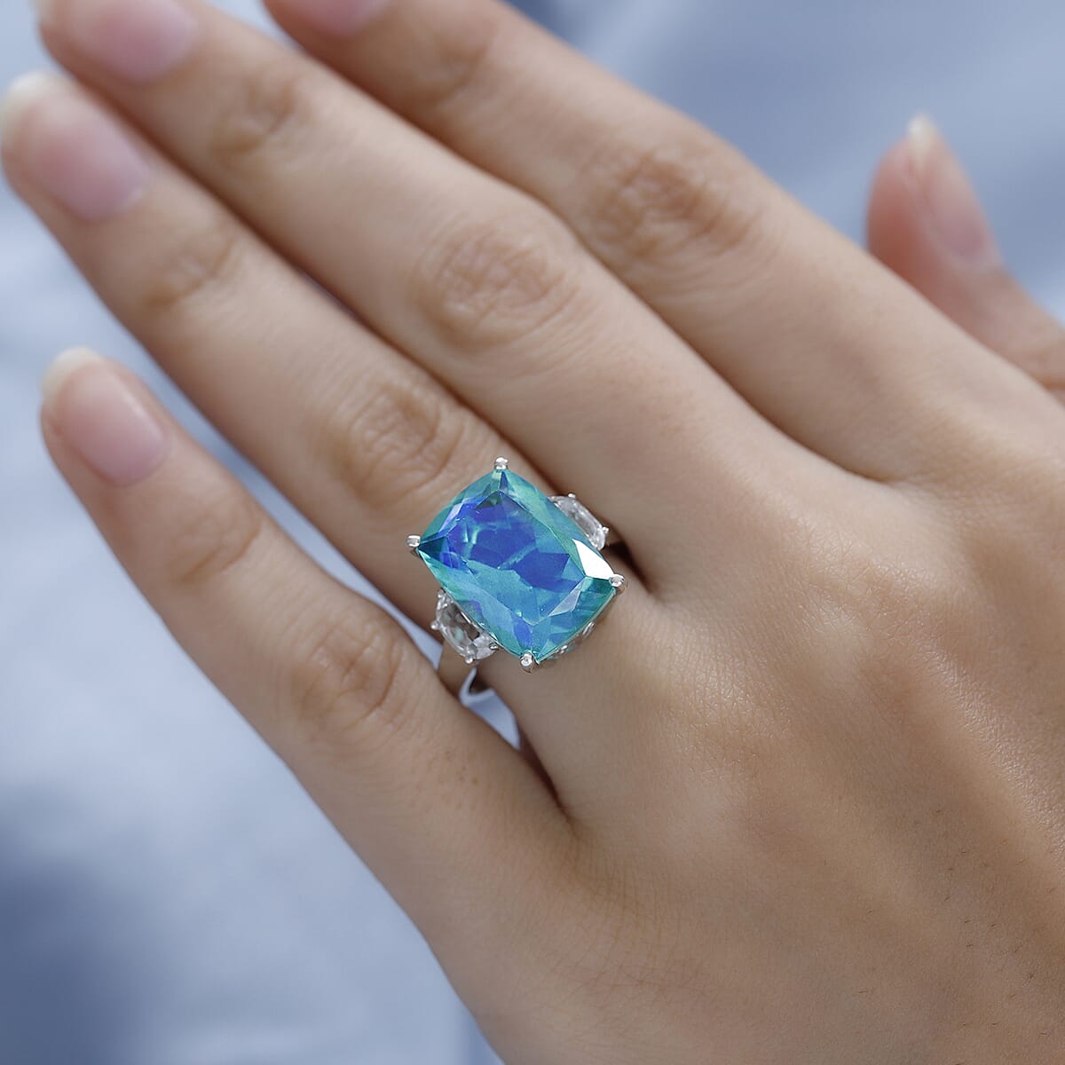 Peacock Quartz (Triplet) and White Topaz Ring in Platinum Over Sterling Silver, Triplet Quartz Jewelry, Birthday Gifts For Her 11.80 ctw image number 2