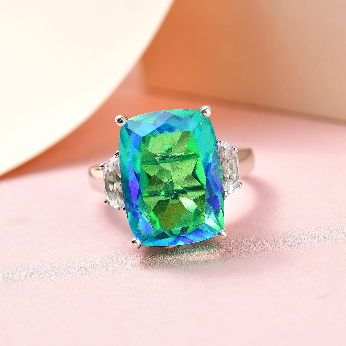 Peacock Quartz (Triplet) and White Topaz Ring in Platinum Over Sterling Silver, Triplet Quartz Jewelry, Birthday Gifts For Her 11.80 ctw image number 1