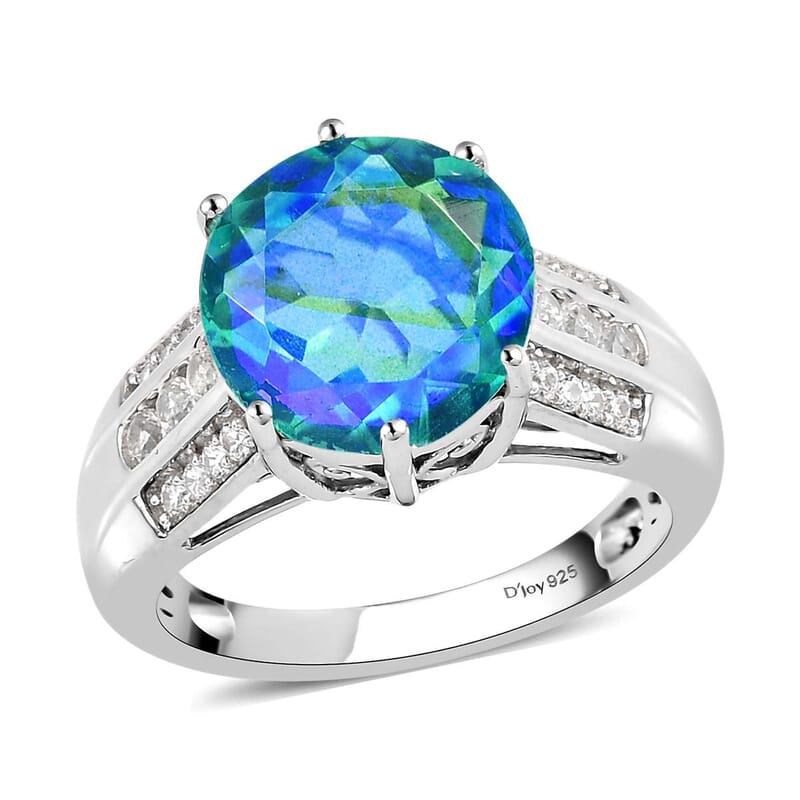 Peacock Quartz and Natural White Zircon Ring in Platinum Over Sterling Silver (Size 6.0) 5.50 ctw