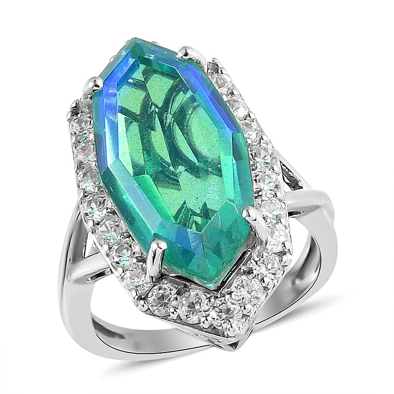 Peacock Quartz (Triplet) and White Zircon Elongated Ring in Platinum Over Sterling Silver (Size 10.0) 11.40 ctw