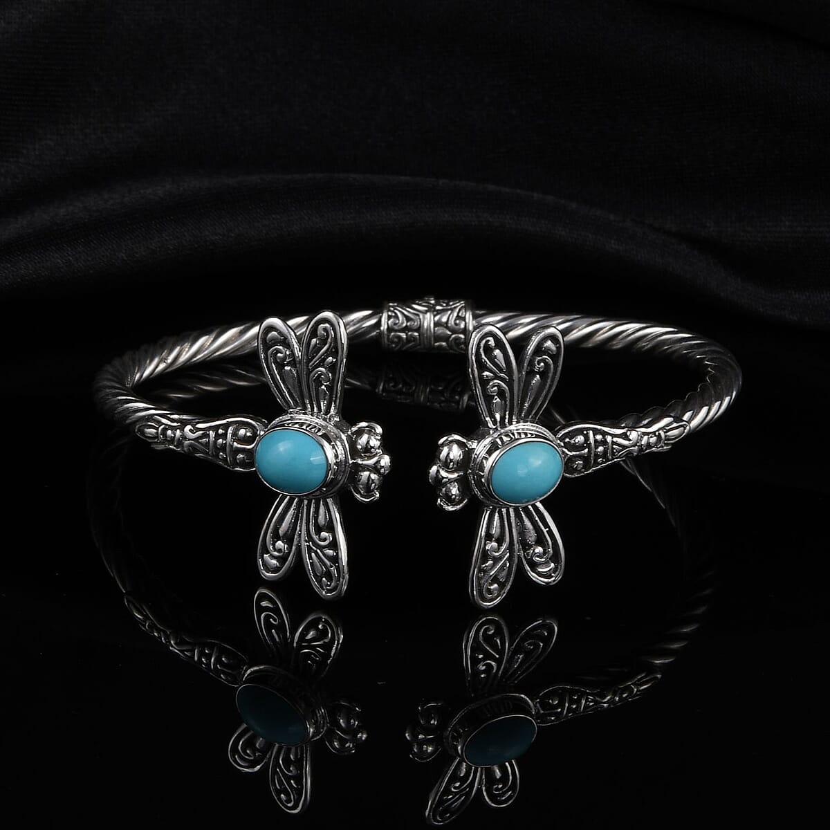 Bali Legacy Sleeping Beauty Turquoise Dragonfly Cuff Bracelet in Sterling Silver 2.90 ctw image number 1
