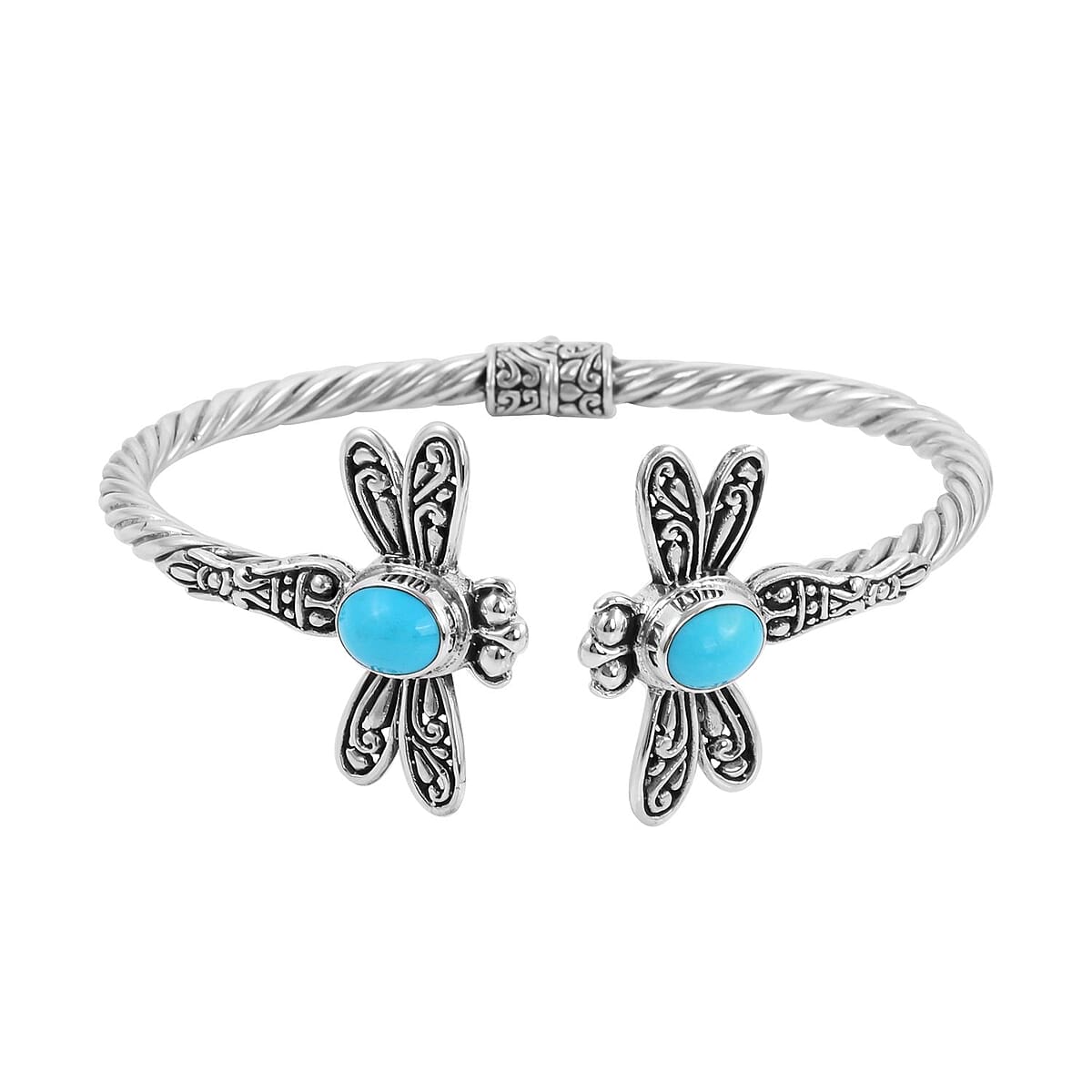 Bali Legacy Sleeping Beauty Turquoise Dragonfly Cuff Bracelet in Sterling Silver 2.90 ctw image number 3