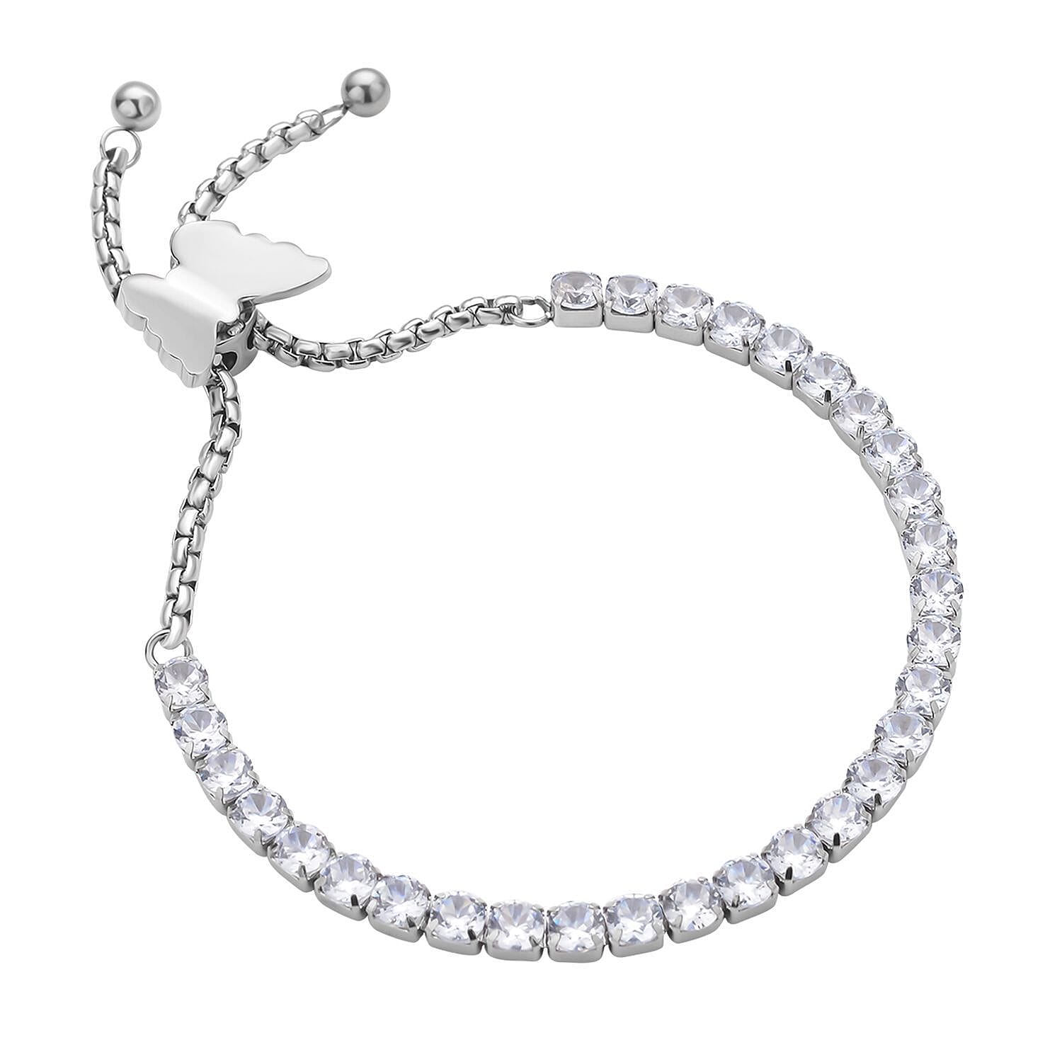 Simulated Diamond Multi-Wear Butterfly Slider Bolo Tennis Bracelet in Stainless Steel (5-9Inches) , Tarnish-Free, Waterproof, Sweat Proof Jewelry