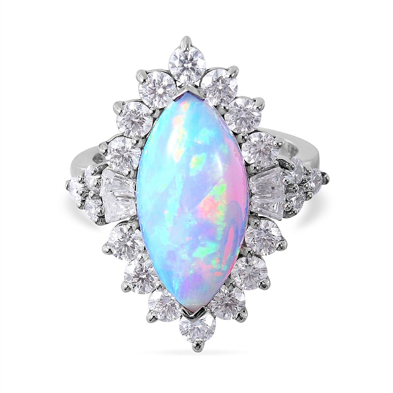 Premium Ethiopian Welo Opal and Moissanite Halo Ring in Platinum Over Sterling Silver (Size 10.0) 6.80 ctw