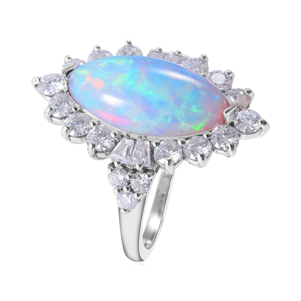 Premium Ethiopian Welo Opal and Moissanite Halo Ring in Platinum Over Sterling Silver 6.80 ctw image number 2