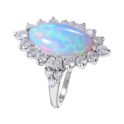 Premium Ethiopian Welo Opal and Moissanite Halo Ring in Platinum Over Sterling Silver (Size 10.0) 6.80 ctw