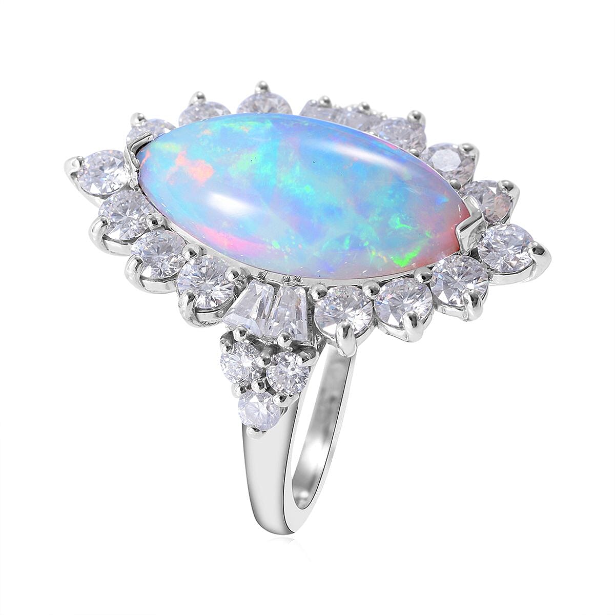 Premium Ethiopian Welo Opal and Moissanite Halo Ring in Platinum Over Sterling Silver (Size 8.0) 6.80 ctw image number 2