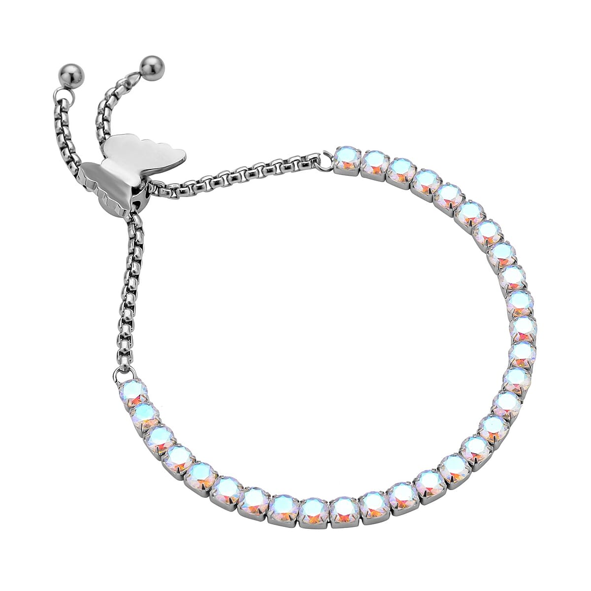 Simulated Aurora Borealis Diamond Multi-Wear Butterfly Slider Bolo Tennis Bracelet in Stainless Steel (5-9Inches) , Tarnish-Free, Waterproof, Sweat Proof Jewelry image number 2