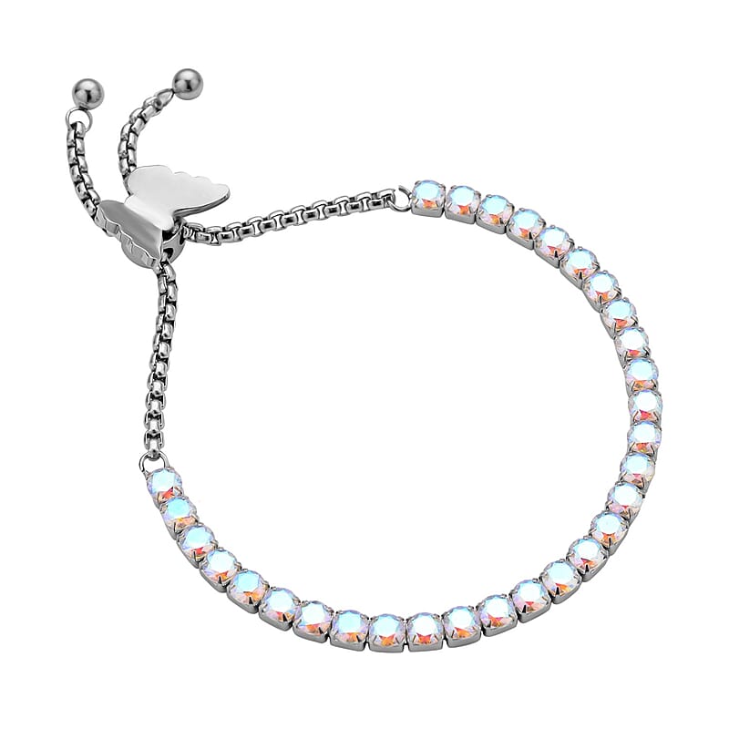 Simulated Aurora Borealis Diamond Multi-Wear Butterfly Slider Bolo Tennis Bracelet in Stainless Steel (5-9Inches) , Tarnish-Free, Waterproof, Sweat Proof Jewelry