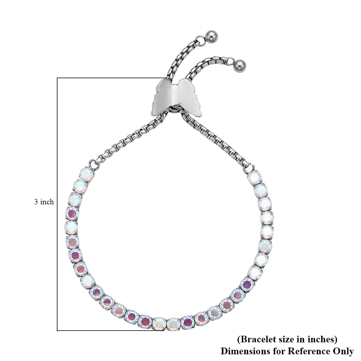 Simulated Aurora Borealis Diamond Multi-Wear Butterfly Slider Bolo Tennis Bracelet in Stainless Steel (5-9Inches) , Tarnish-Free, Waterproof, Sweat Proof Jewelry image number 4