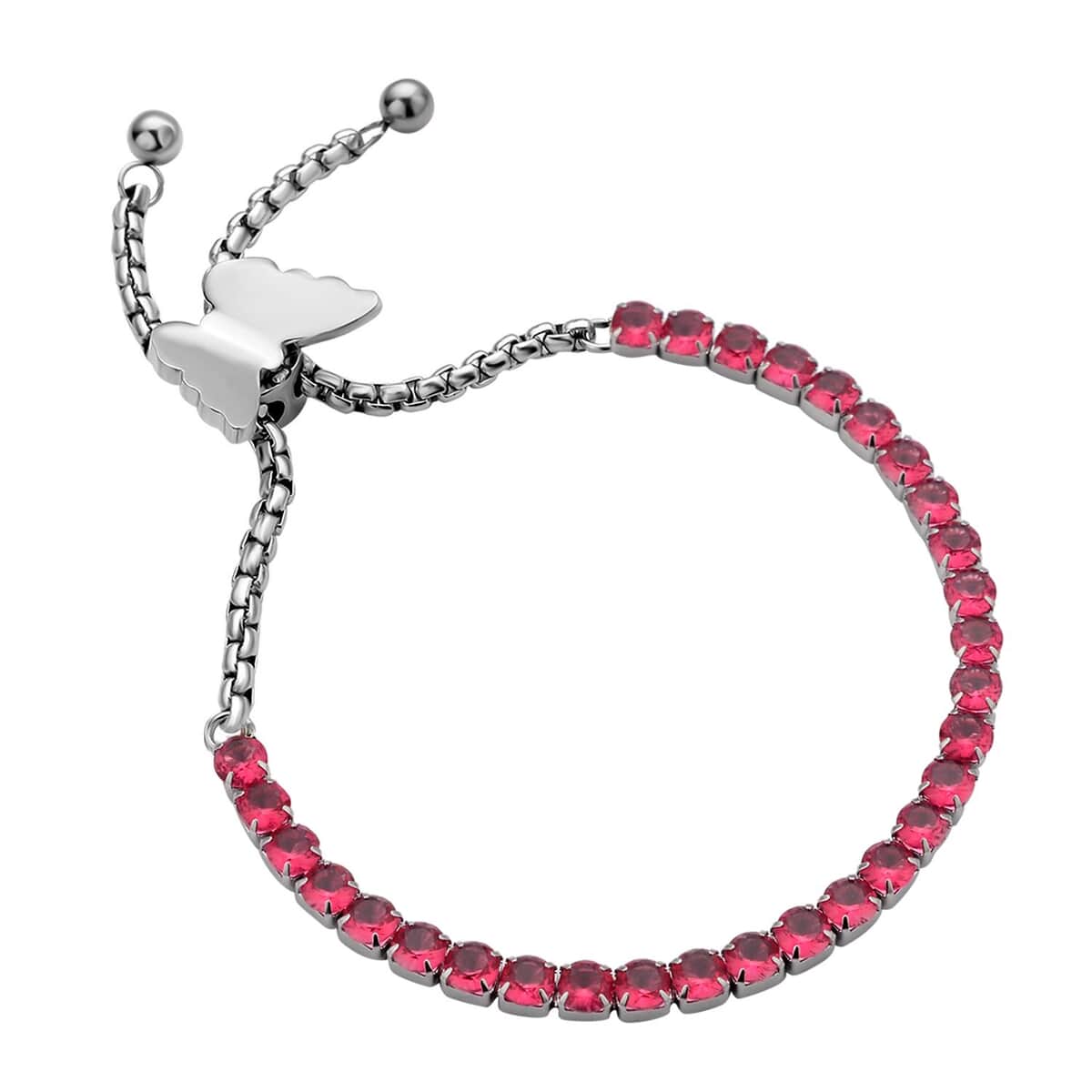 Simulated Fuchsia Color Diamond Multi-Wear Butterfly Slider Bolo Tennis Bracelet in Stainless Steel (5-9Inches) , Tarnish-Free, Waterproof, Sweat Proof Jewelry image number 2