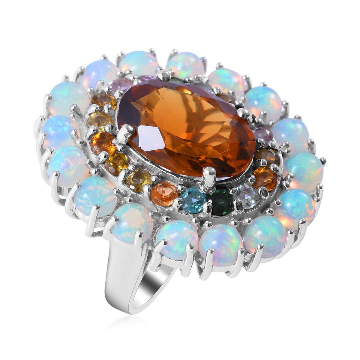 Santa Ana Madeira Citrine and Multi Gemstone Double Halo Ring in Platinum Over Sterling Silver 9.60 ctw image number 0