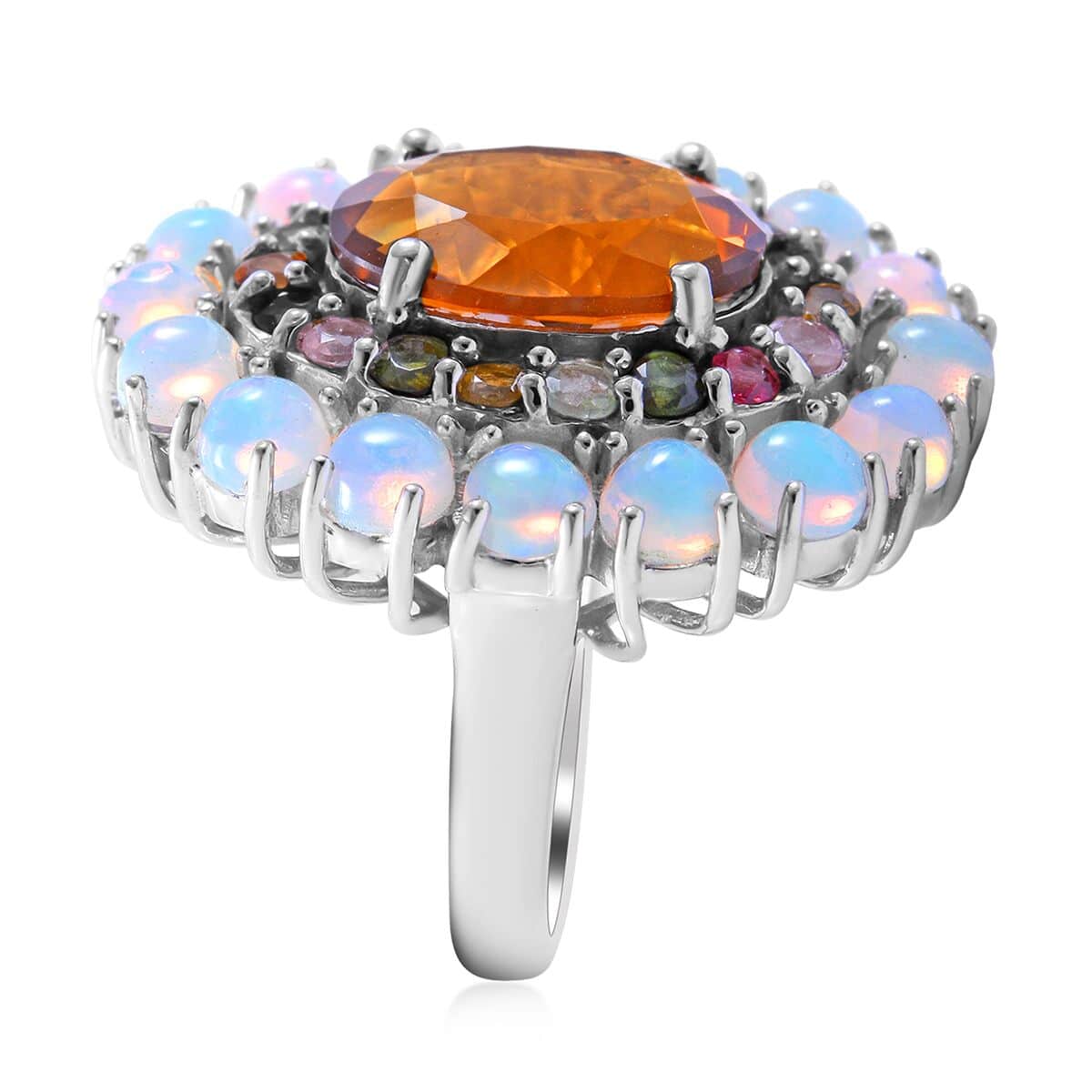 Santa Ana Madeira Citrine and Multi Gemstone Double Halo Ring in Platinum Over Sterling Silver (Size 10.0) 9.60 ctw image number 2
