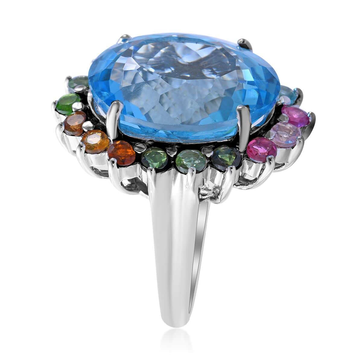 Valentines Doorbuster Swiss Blue Topaz and Multi-Tourmaline Sunburst Ring in Platinum Over Sterling Silver 9 Grams 26.75 ctw image number 2