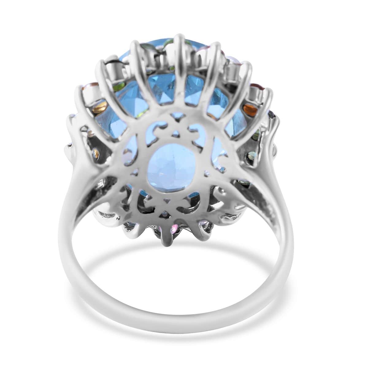 Valentines Doorbuster Swiss Blue Topaz and Multi-Tourmaline Sunburst Ring in Platinum Over Sterling Silver 9 Grams 26.75 ctw image number 3