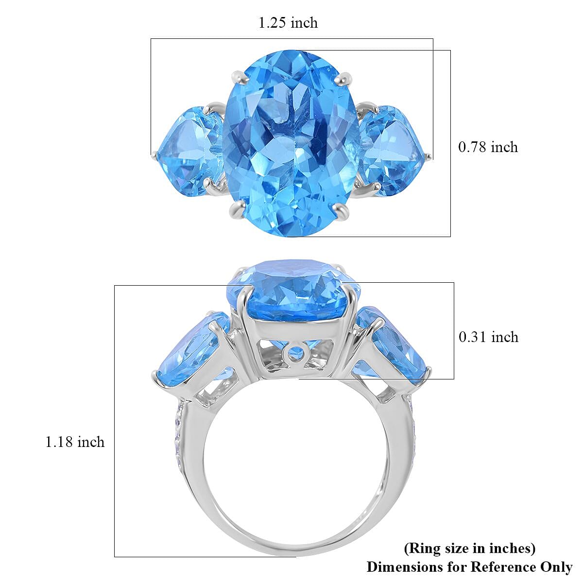 Swiss Blue Topaz and White Zircon Ring in Platinum Over Sterling Silver (Size 10.0) 21.75 ctw