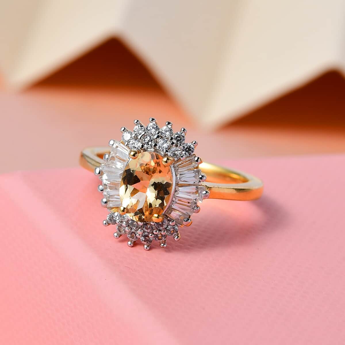 Premium Natural Imperial Topaz and Natural White Zircon Halo Ring in Vermeil Yellow Gold Over Sterling Silver 1.65 ctw image number 1