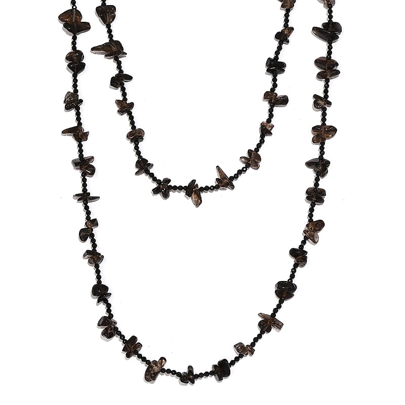 Thai Black Spinel and Brazilian Smoky Quartz 186.25 ctw Chips Necklace in Platinum Over Sterling Silver 36 Inches