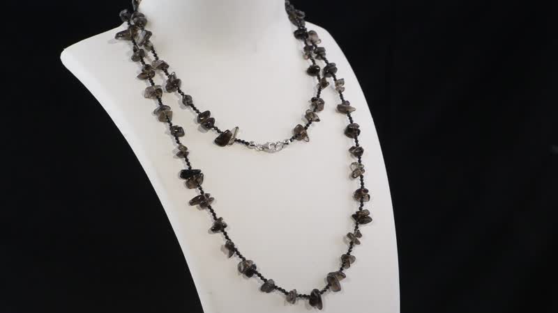 Thai Black Spinel and Brazilian Smoky Quartz 186.25 ctw Chips Necklace in Platinum Over Sterling Silver 36 Inches