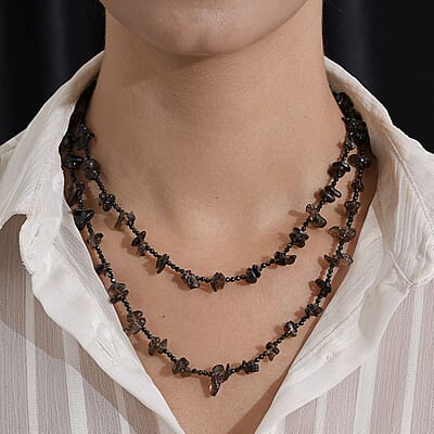 Thai Black Spinel and Brazilian Smoky Quartz 186.25 ctw Chips Necklace in Platinum Over Sterling Silver 36 Inches