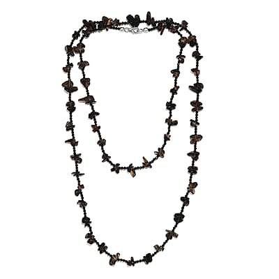 Thai Black Spinel and Brazilian Smoky Quartz 186.25 ctw Chips Necklace in Platinum Over Sterling Silver 36 Inches