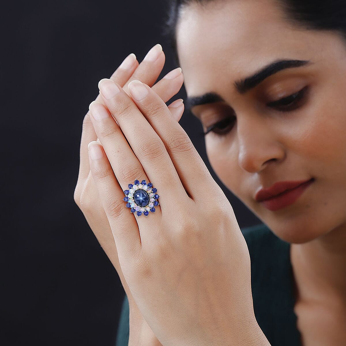 Blue Star Sapphire (DF) and Multi Gemstone Floral Ring in Platinum Over Sterling Silver (Size 8.0) 9.65 ctw image number 1