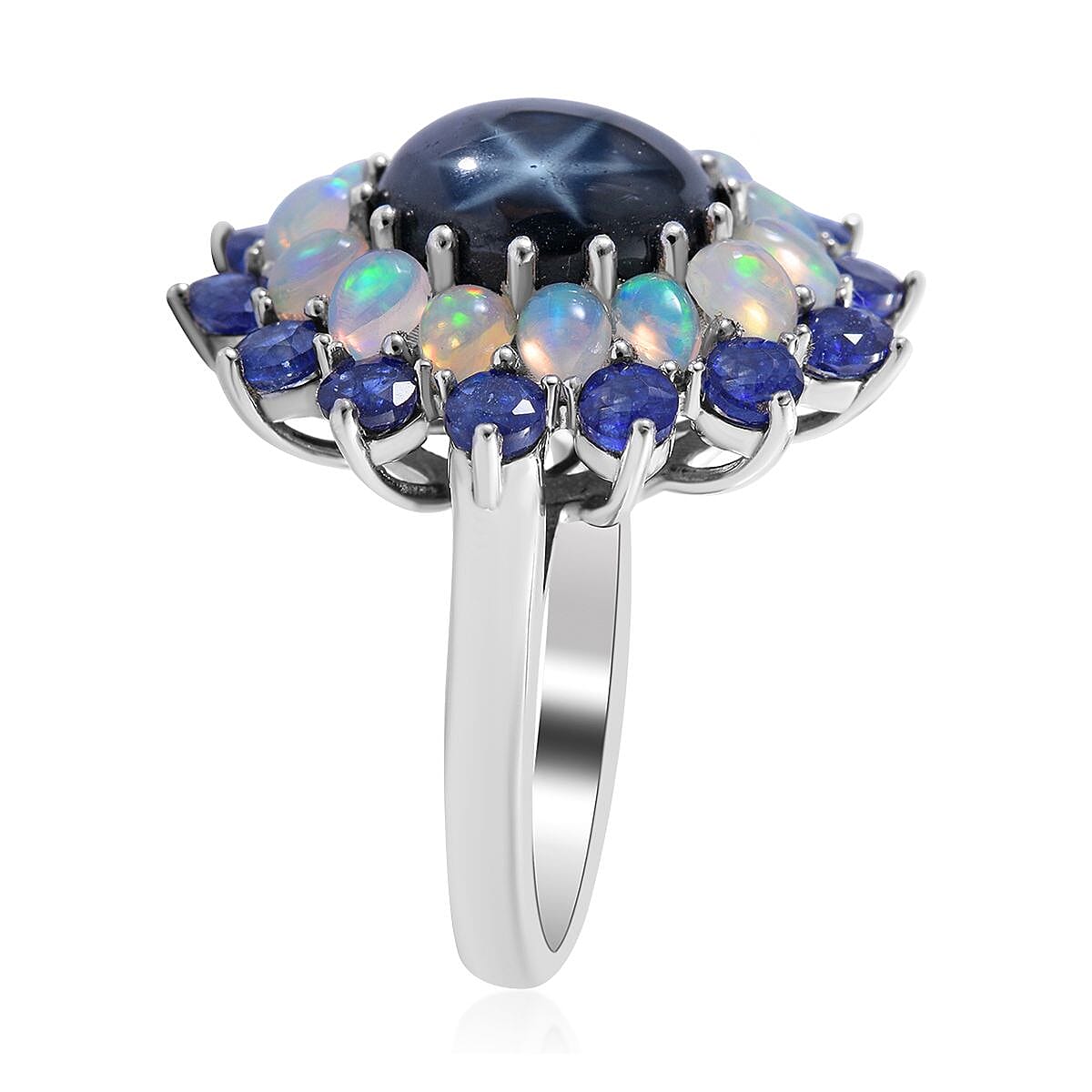Blue Star Sapphire (DF) and Multi Gemstone Floral Ring in Platinum Over Sterling Silver (Size 8.0) 9.65 ctw image number 2