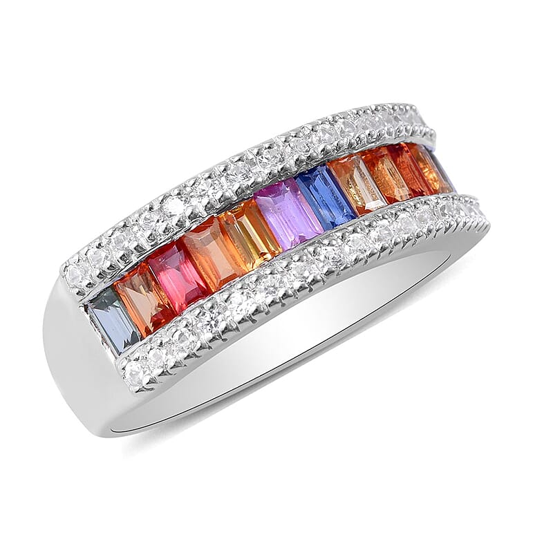 Multi Sapphire and White Zircon Half Eternity Band Ring in Platinum Over Sterling Silver (Size 10.0) 1.75 ctw