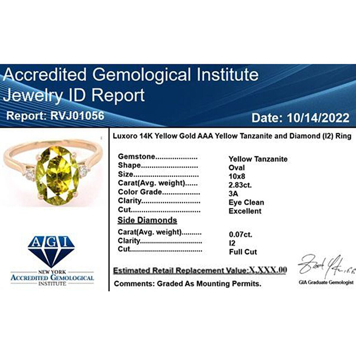 Certified & Appraised Luxoro 14K Yellow Gold AAA Golden Tanzanite and G-H I2 Diamond Ring (Size 6.0) 2.90 ctw image number 6