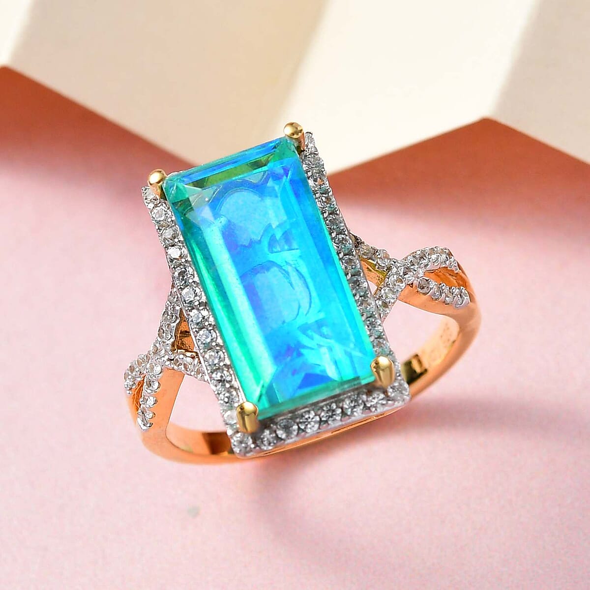 Peacock Quartz, Natural White Zircon Elongated Ring in Vermeil YG Over Sterling Silver (Size 10.0) 5.25 ctw image number 1