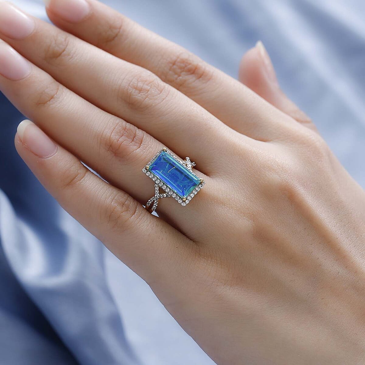 Peacock Quartz, Natural White Zircon Elongated Ring in Vermeil YG Over Sterling Silver (Size 10.0) 5.25 ctw image number 2