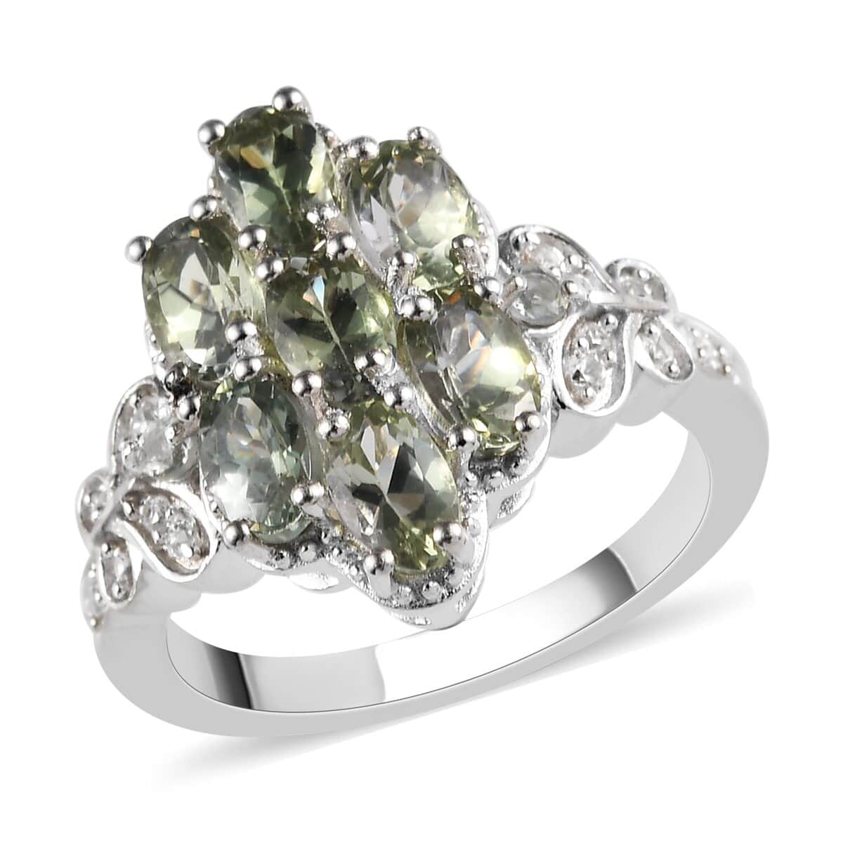Green Tanzanite and Natural White Zircon Ring in Platinum Over Sterling Silver 1.90 ctw image number 0