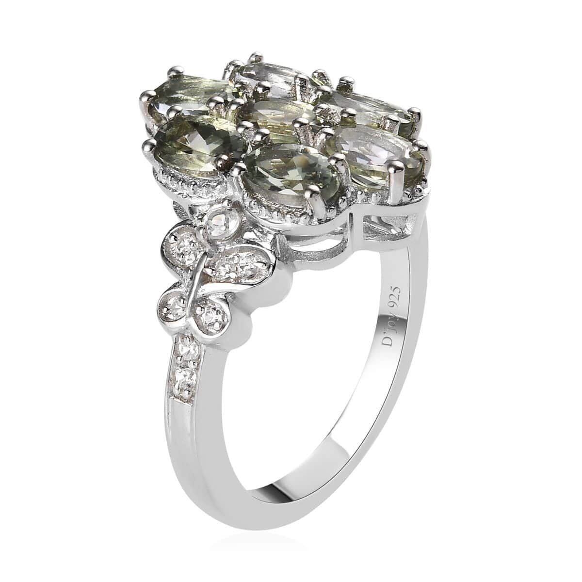 Green Tanzanite and Natural White Zircon Ring in Platinum Over Sterling Silver 1.90 ctw image number 3
